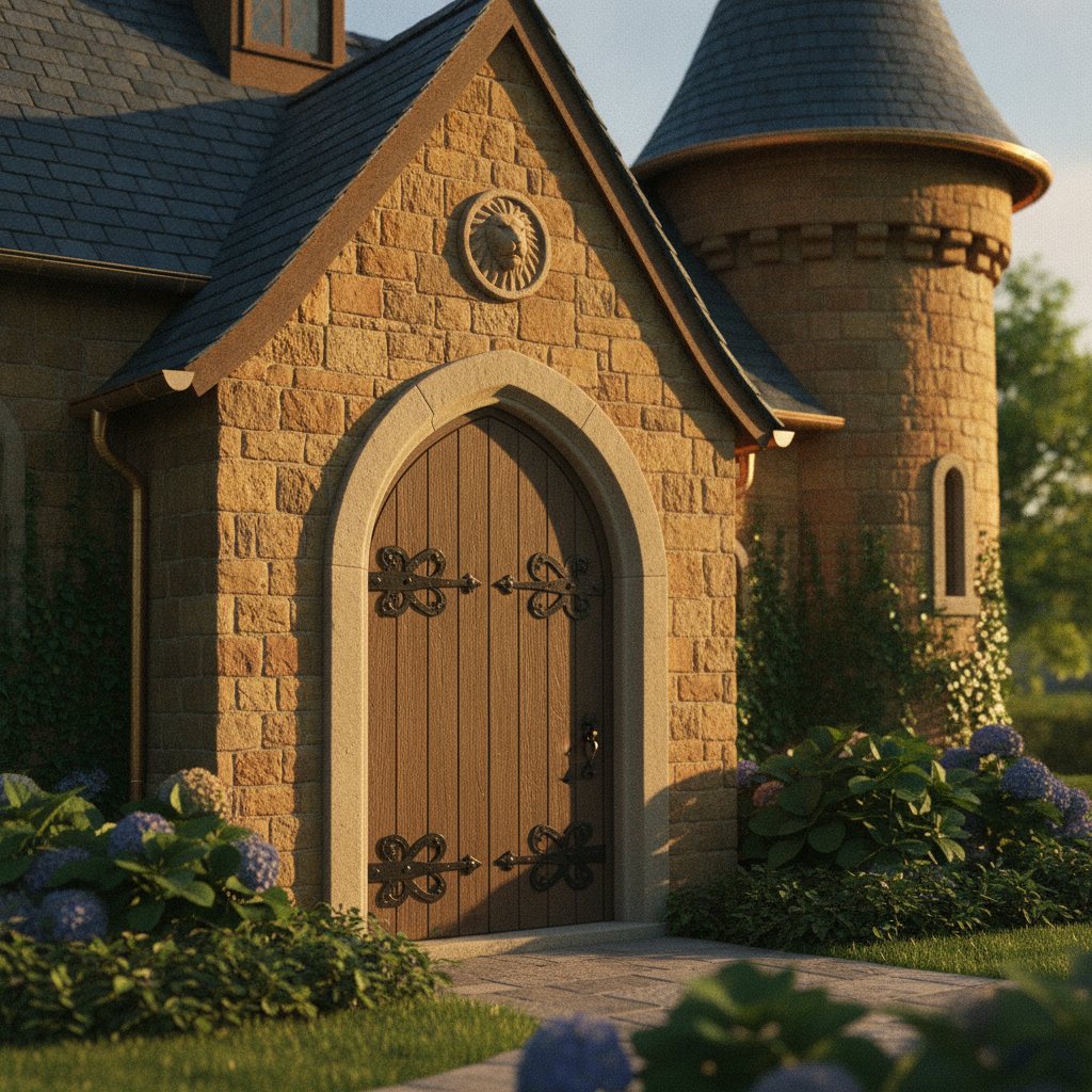 An arched timber castle door with iron studs and a crest