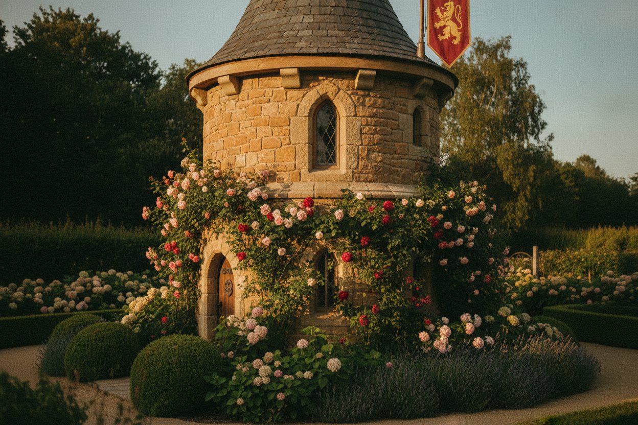 An ornamental stone tower folly among garden roses
