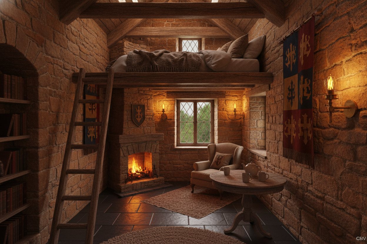 Cozy stone interior of a castle tiny home with a sleeping loft