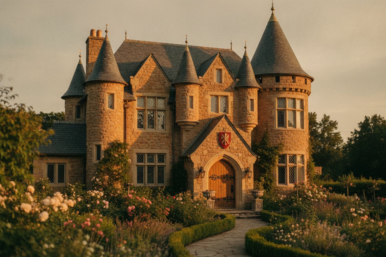 A small multi-turret castle residence at golden hour