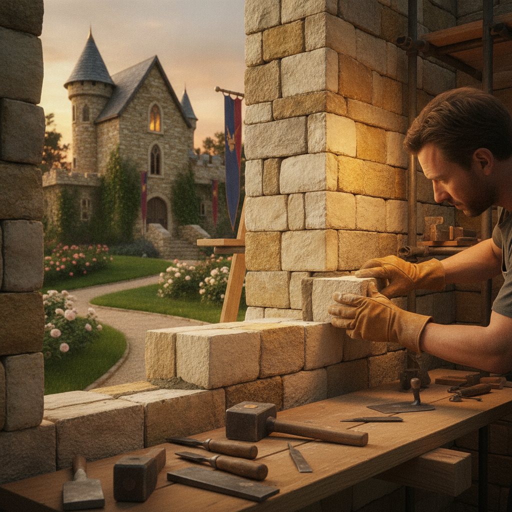 A craftsman shaping stone for a castle wall