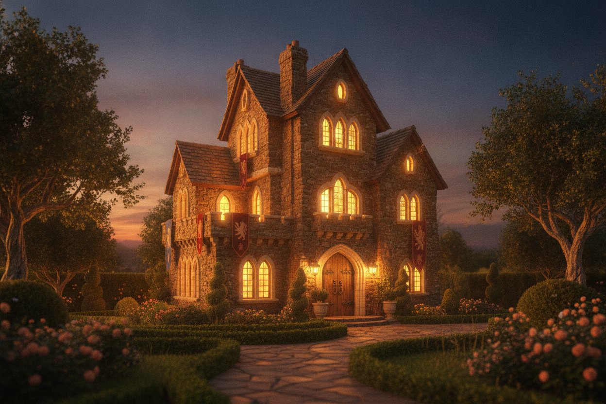 A small castle glowing warmly against a dusk sky