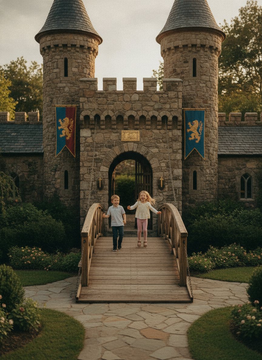 Children playing on the drawbridge of a backyard castle