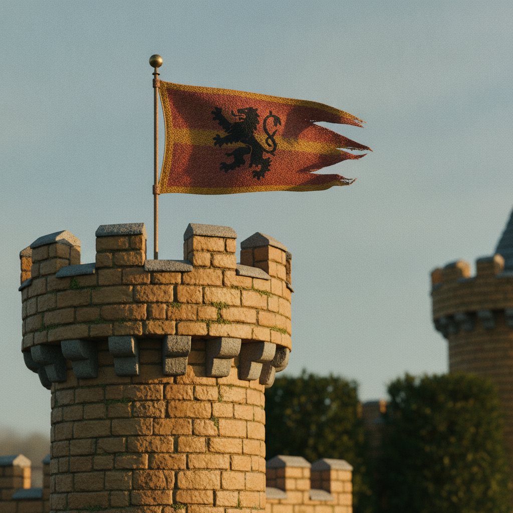Close-up of a crenellated stone turret with a pennant flag