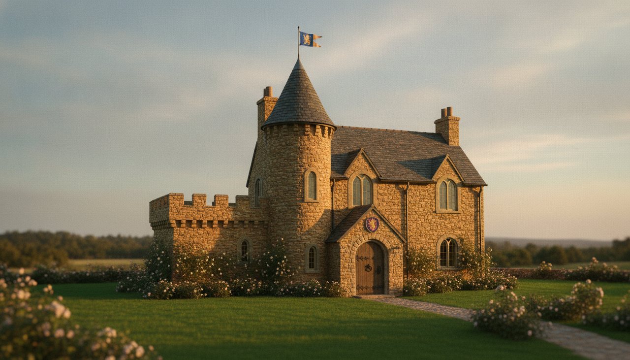 A charming small custom-built stone castle home with a turret and pennant at golden hour